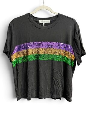 Mardi Gras Black Sequin Top Purple Green Gold Women's Medium